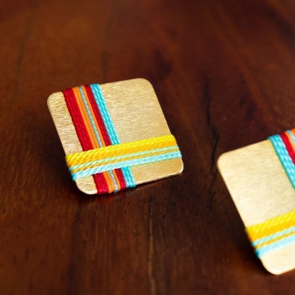 Handmade new earrings gold plated 24k  red blue orange thread new square - Picture 2 of 4